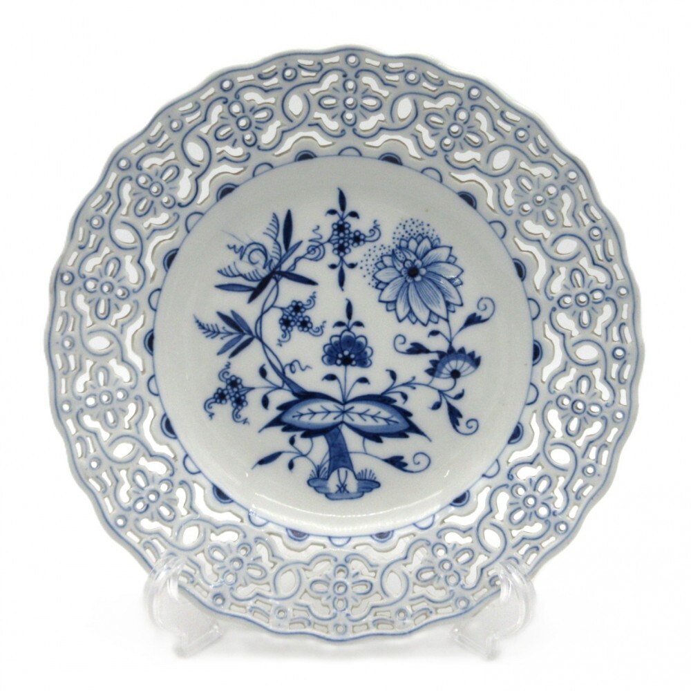 1円〜 Meissen マイセン ブルーオニオン 約21cm オープンワーク 透かしプレート