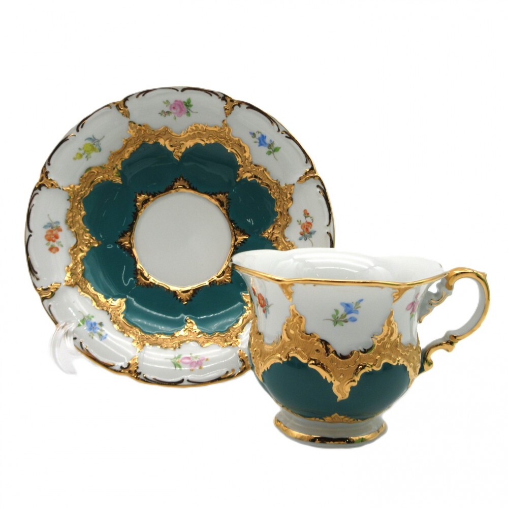 1円〜 Meissen マイセン Bフォーム 宮廷の小花 エメラルドグリーン ティーカップ＆ソーサー 1客 計2点