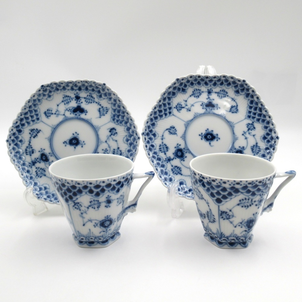 1円〜 Royal Copenhagen ロイヤルコペンハーゲン ブルーフルーテッド フルレース 顔付 カップ＆ソーサー 計4点
