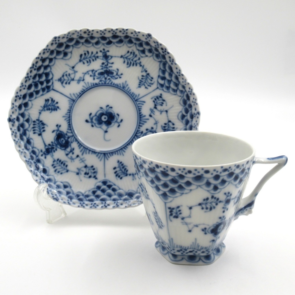 1円〜 Royal Copenhagen ロイヤルコペンハーゲン ブルーフルーテッド フルレース 顔付 カップ＆ソーサー 計2点