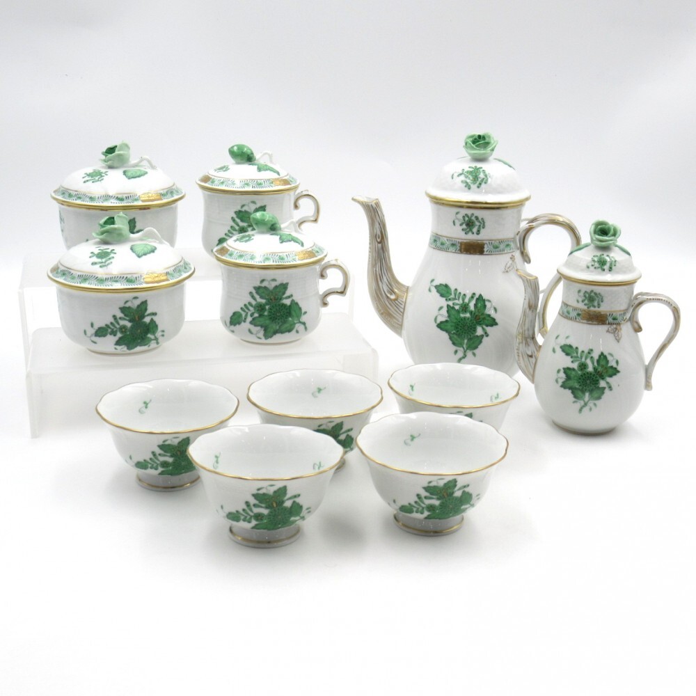 1円〜 HEREND ヘレンド アポニーグリーン(AV) 湯呑/クリームカップ/ポット/シュガー 計11点 ※同梱不可