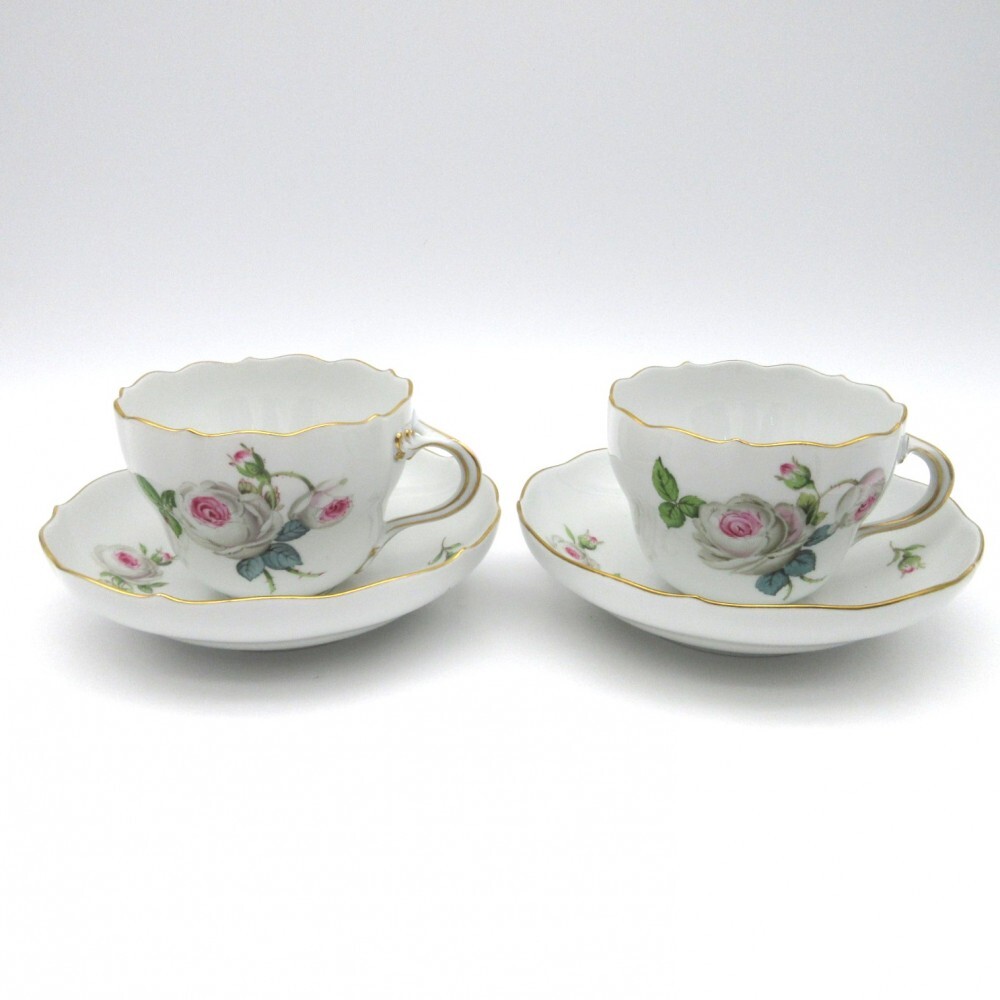 1円〜 Meissen マイセン ホワイトローズ ペア カップ＆ソーサー 2客 計4点