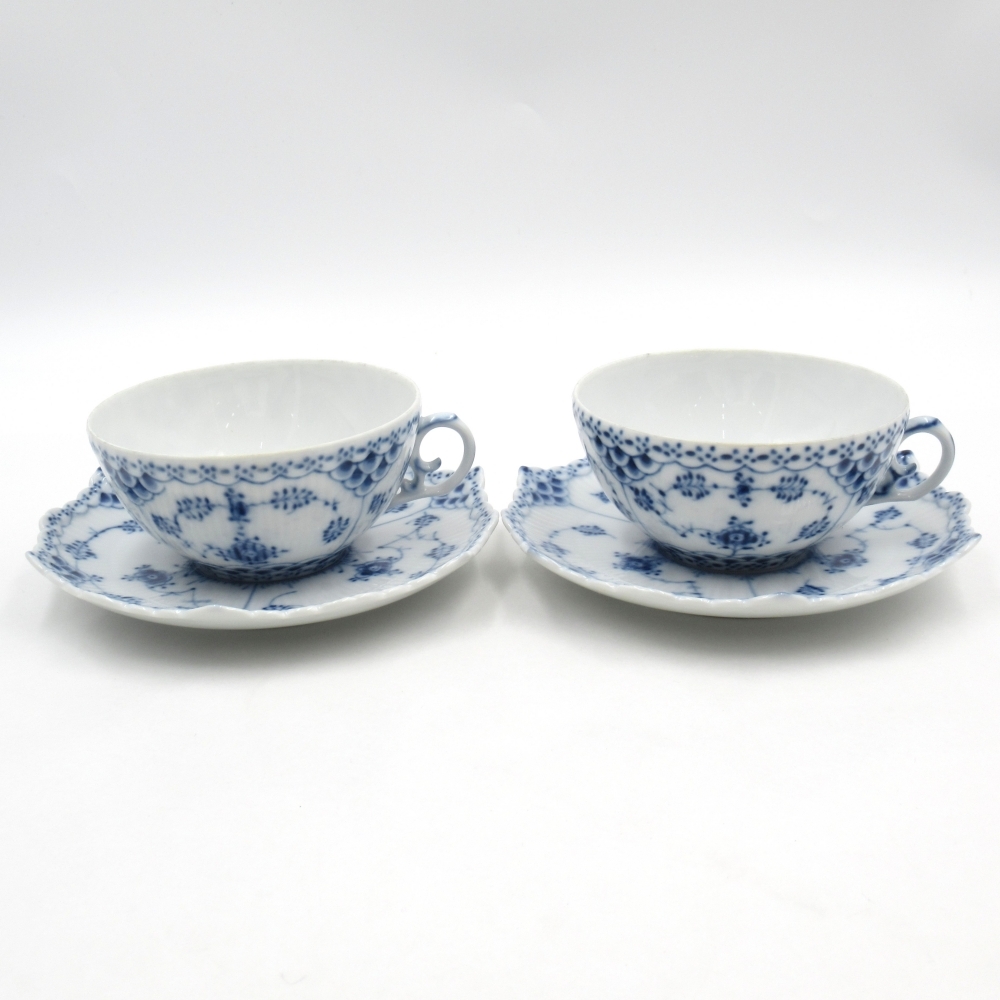 1円〜 Royal Copenhagen ロイヤルコペンハーゲン ブルーフルーテッド フルレース ティーカップ＆ソーサー 2客 計4点