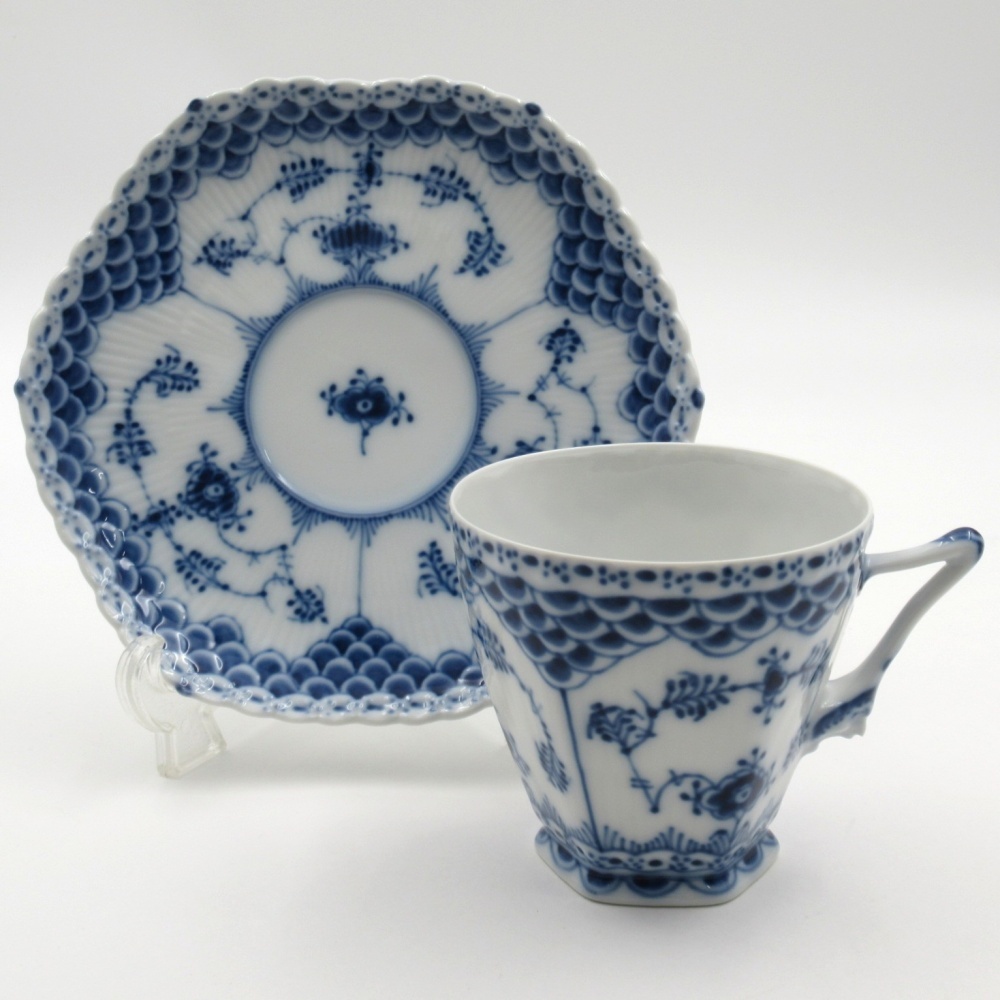 1円〜 Royal Copenhagen ロイヤルコペンハーゲン ブルーフルーテッド フルレース 顔付 カップ＆ソーサー 計2点