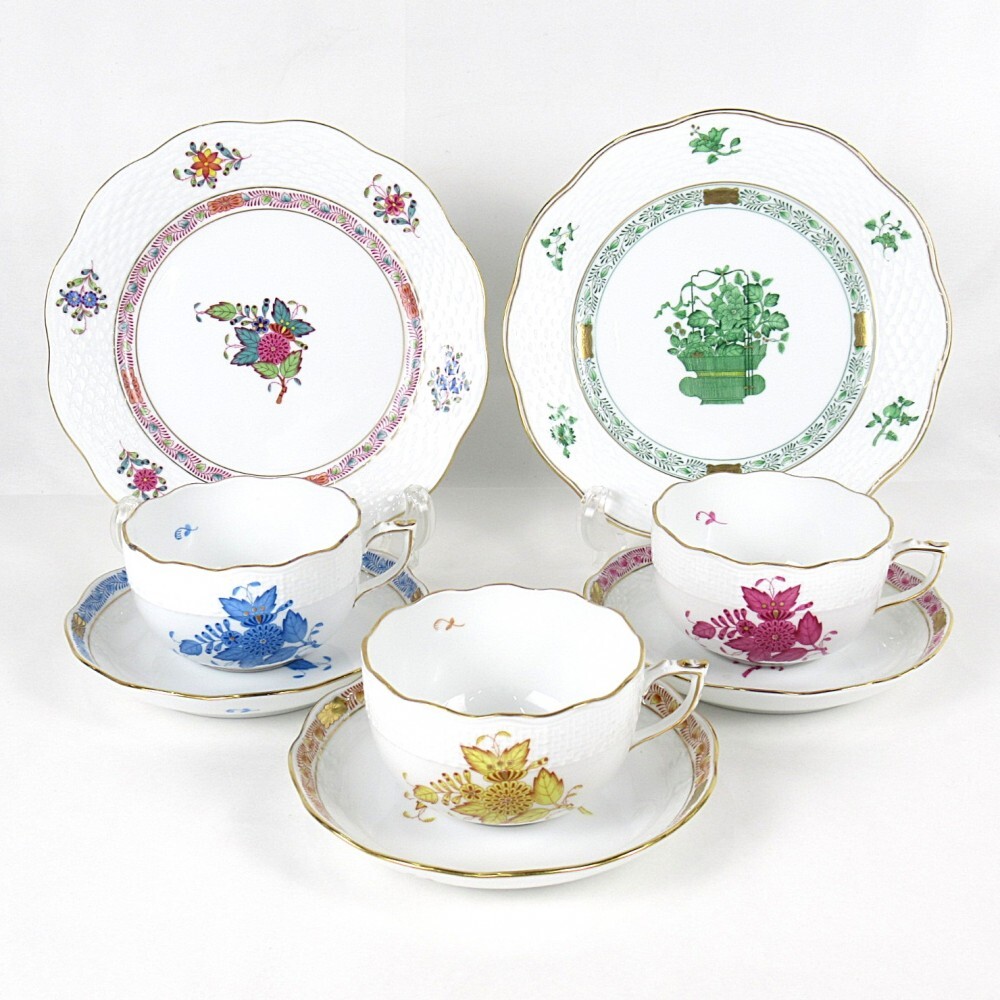 1円〜 HEREND ヘレンド アポニーイエロー(AJ)・アポニーピンク(AP)・清の花籠(CN) 他 ティーカップ&ソーサー/プレート 計8点