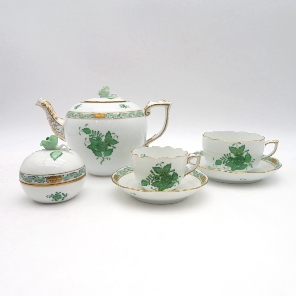 1円〜 HEREND ヘレンド アポニーグリーン(AV) モカ デミタスカップ・ティーカップ＆ソーサー/ティーポット/シュガー 計6点