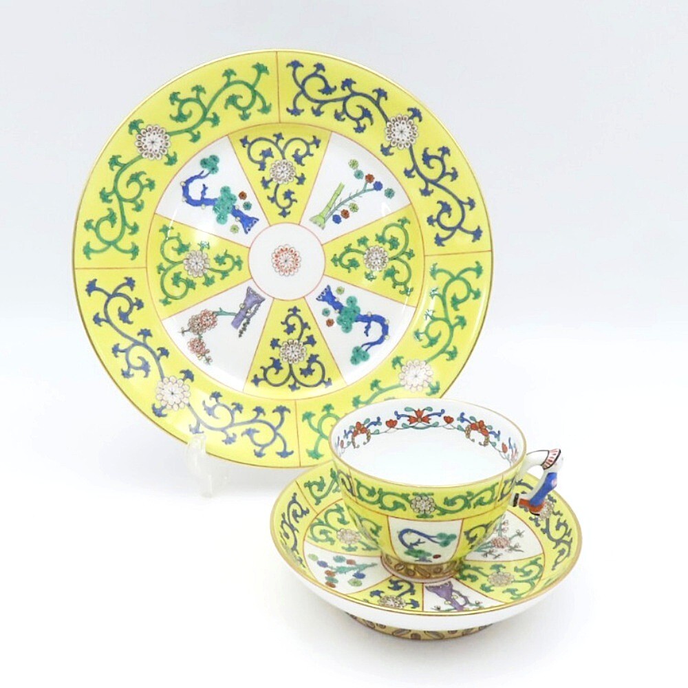 1円〜 HEREND ヘレンド 西安の黄(SJ) マンダリン デミタスカップ＆ソーサー/プレート 一部ペインターサイン入り 1客 計3点