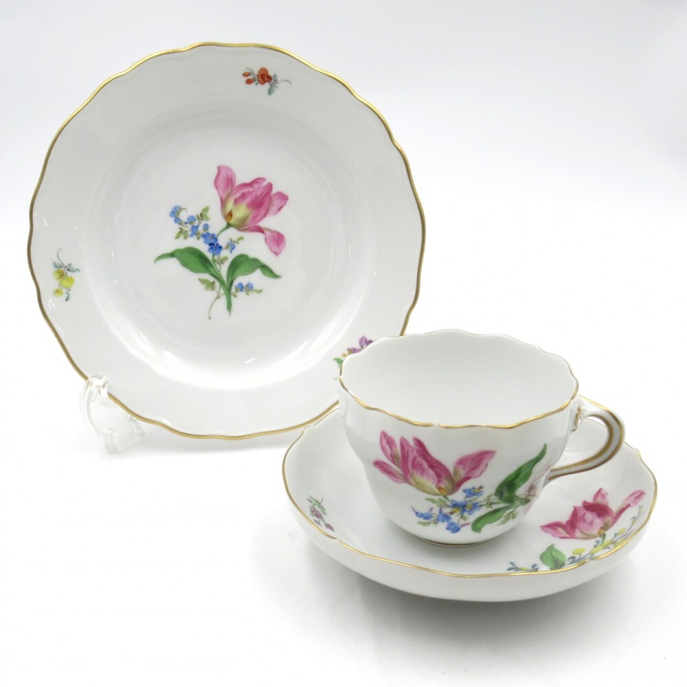 1円〜 Meissen マイセン ベーシックフラワー 二つ花 040110 カップ＆ソーサー/約18cm プレート 計3点 トリオ