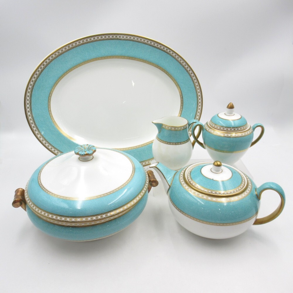 1円〜 Wedgwood ユーランダーパウダー ターコイズ シュガー/ポット/クリーマー/チューリン/プラター 計5点 ※同梱不可