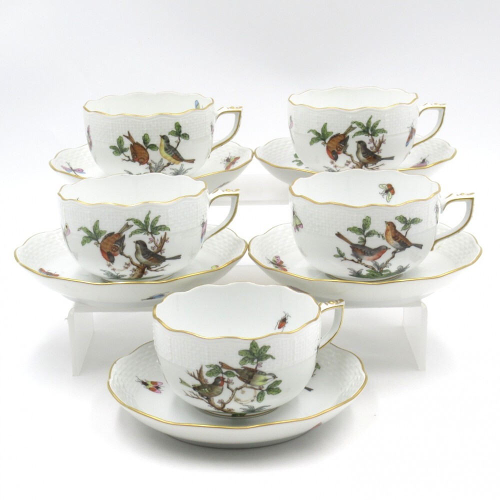1円〜 HEREND ヘレンド ロスチャイルドバード(RO) カップ＆ソーサー 5客 計10点 ※同梱不可