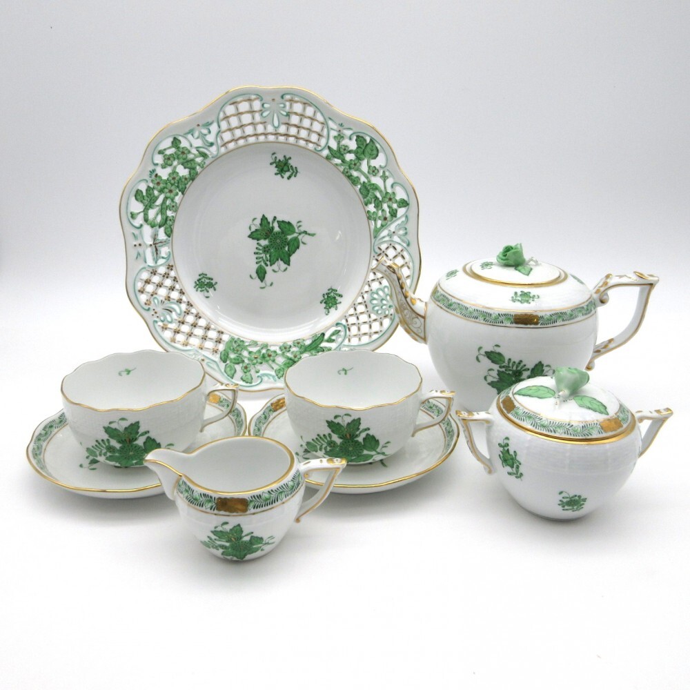 1円〜 HEREND ヘレンド アポニーグリーン(AV) カップ＆ソーサー/プレート/ポット/シュガー/クリーマー 計8点 ※同梱不可