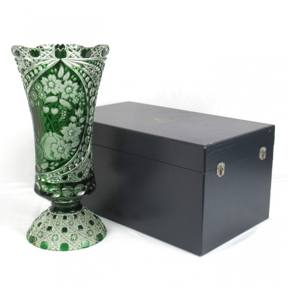 1円〜 Meissen Crystal マイセンクリスタル フルーツ フラワー 色被せグリーン 特大ベース 花瓶 箱付 ※同梱不可