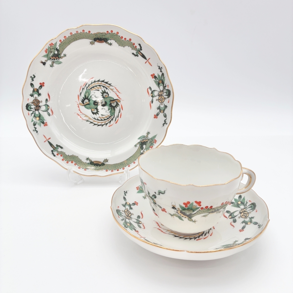 1円〜 Meissen マイセン リッチドラゴン グリーン カップ＆ソーサー/プレート 計3点 トリオ