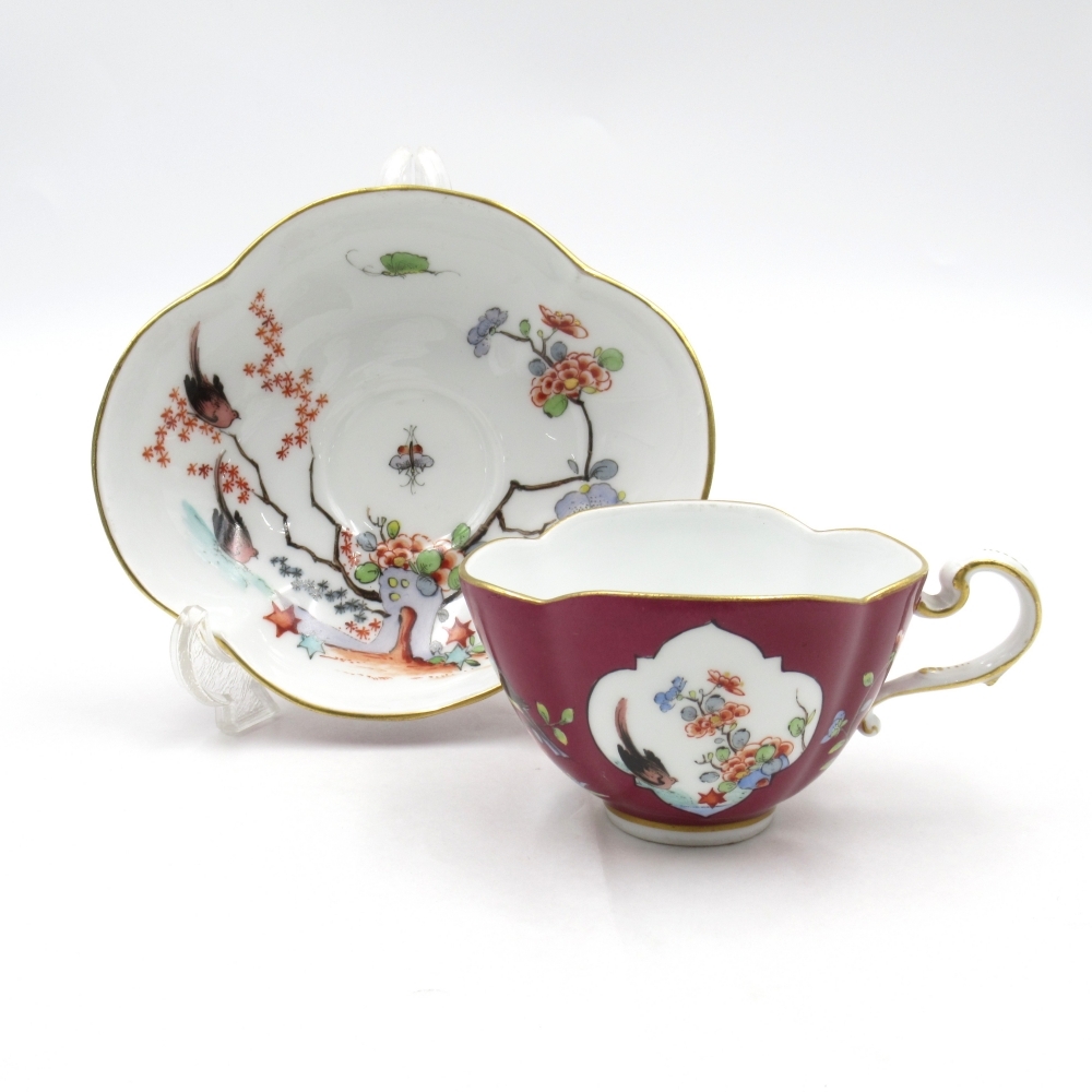 1円〜 Meissen オールドマイセン 岩と花鳥紋 柿右衛門写 赤 カップ＆ソーサー 1客 計2点 ボタン剣 スカロップシェイプ