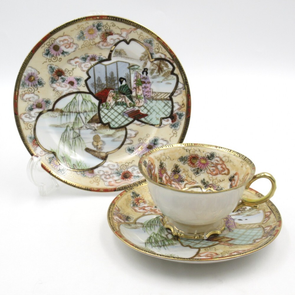 1円〜 NORITAKE オールドノリタケ 金彩花窓芸妓紋図 ティーカップ＆ソーサー/プレート 計3点 トリオ