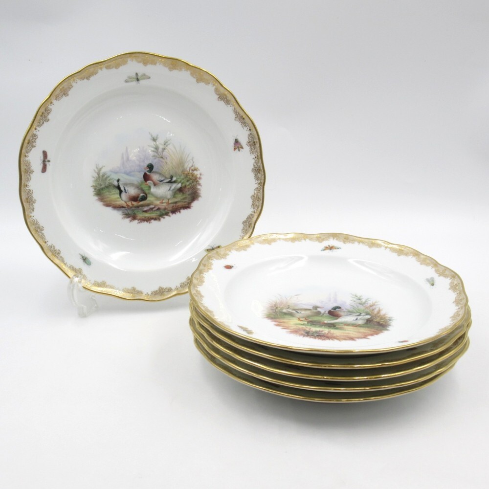 1円〜 Meissen オールドマイセン 鳥と昆虫 約21.5cm プレート 計6点 ボタン剣