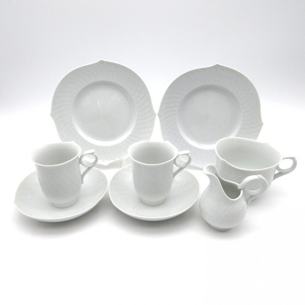 1円〜 Meissen マイセン 波の戯れ ホワイト カップ＆ソーサー/プレート/マグカップ/クリーマー 計8点 ※同梱不可