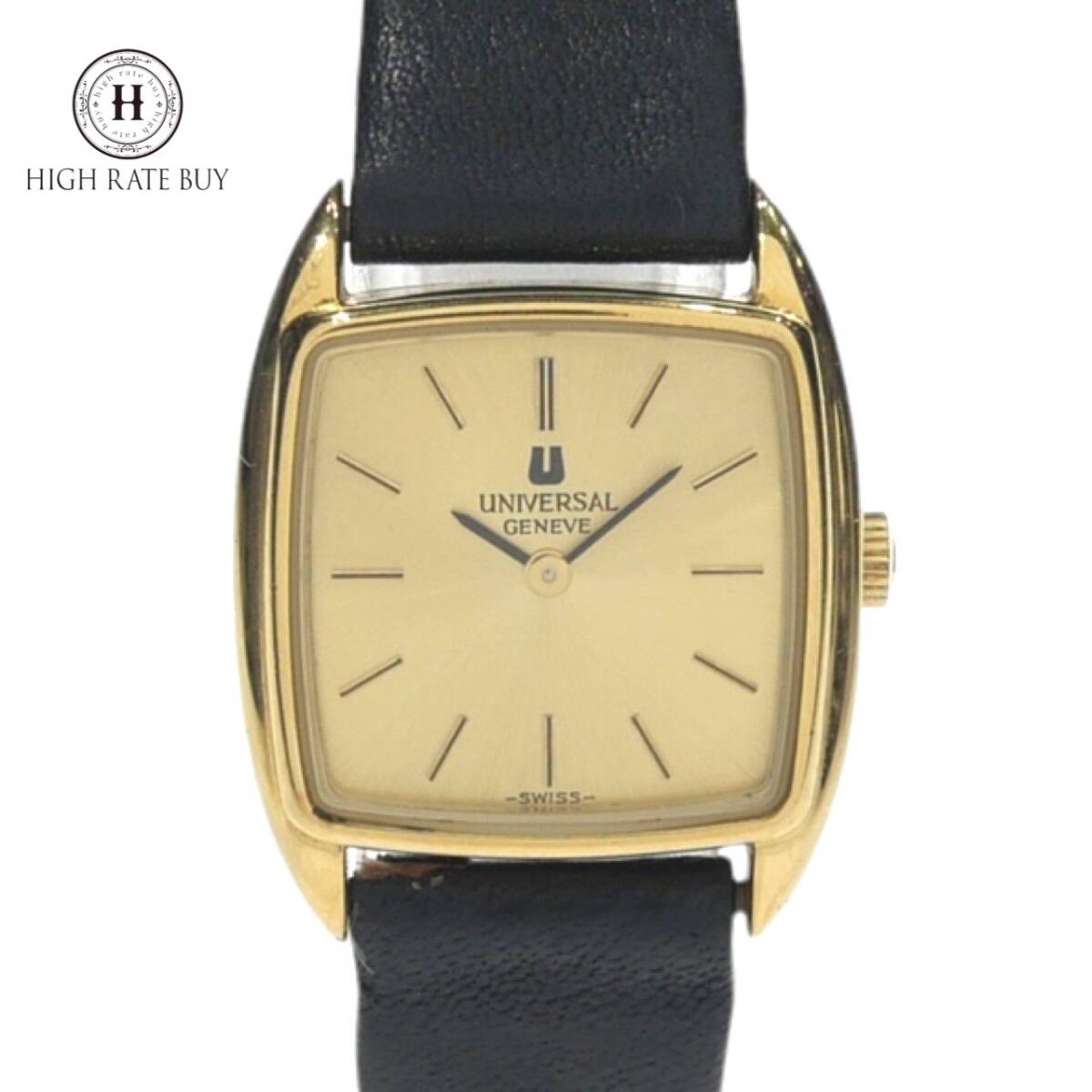 1円スタート 稼動品 Universal Genve ユニバーサルジュネーブ レディース 腕時計 手巻き 機械式 スクエア 2針 革ベルト ゴールド文字盤