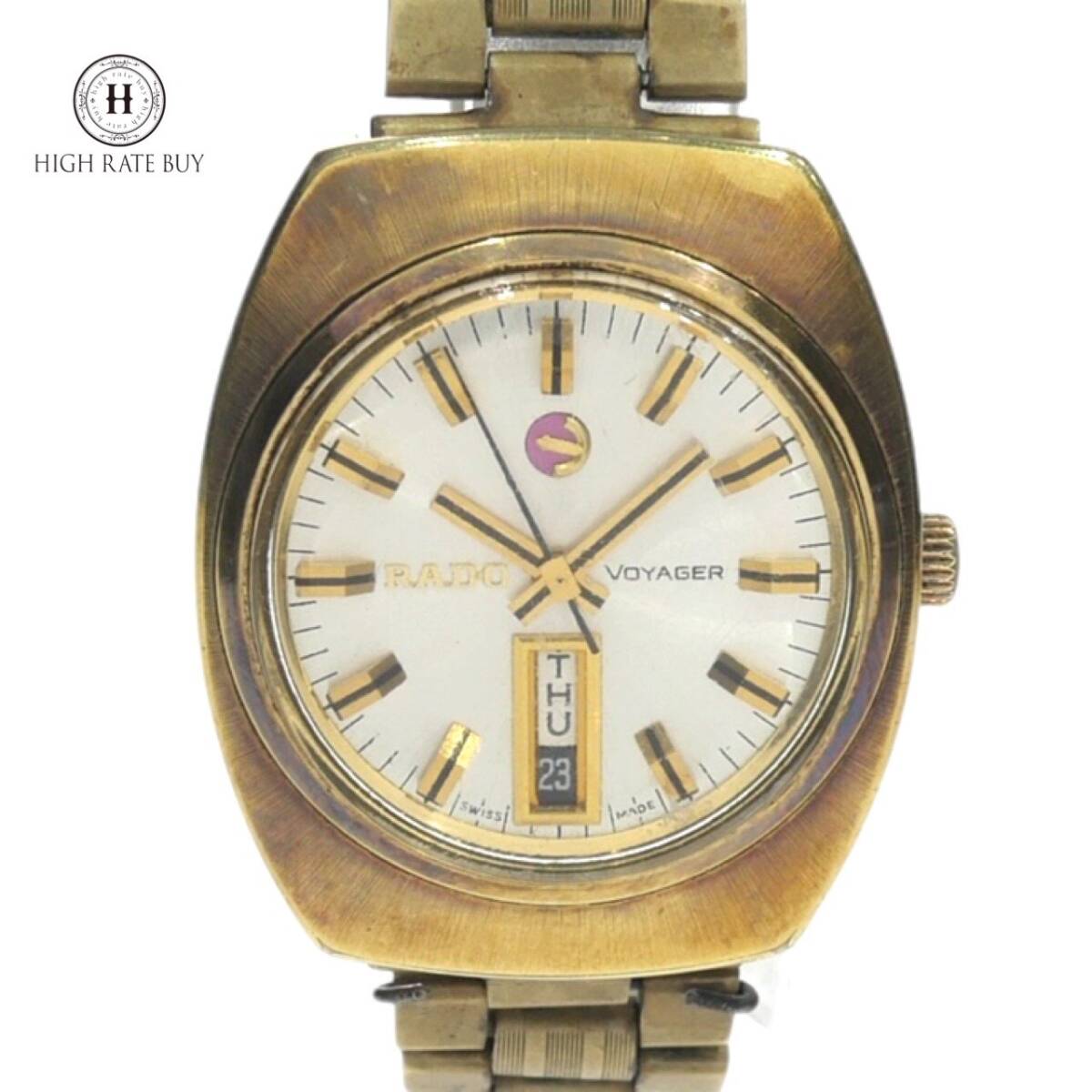 1円スタート 稼動品 RADO ラドー VOYAGER ボイジャー デイデイト 自動巻き ラウンド 3針 ゴールド SS シルバー文字盤 メンズ 腕時計