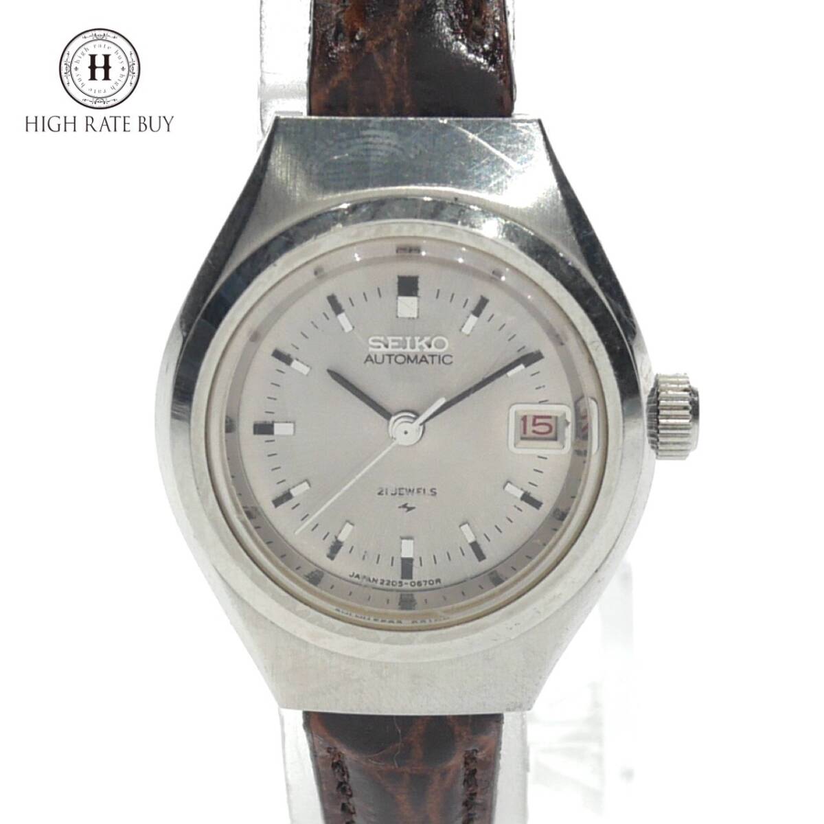 1円スタート 稼動品 SEIKO セイコー レディース 腕時計 2205-0500 自動巻き デイト ラウンドフェイス 3針 レザーベルト シルバー文字盤