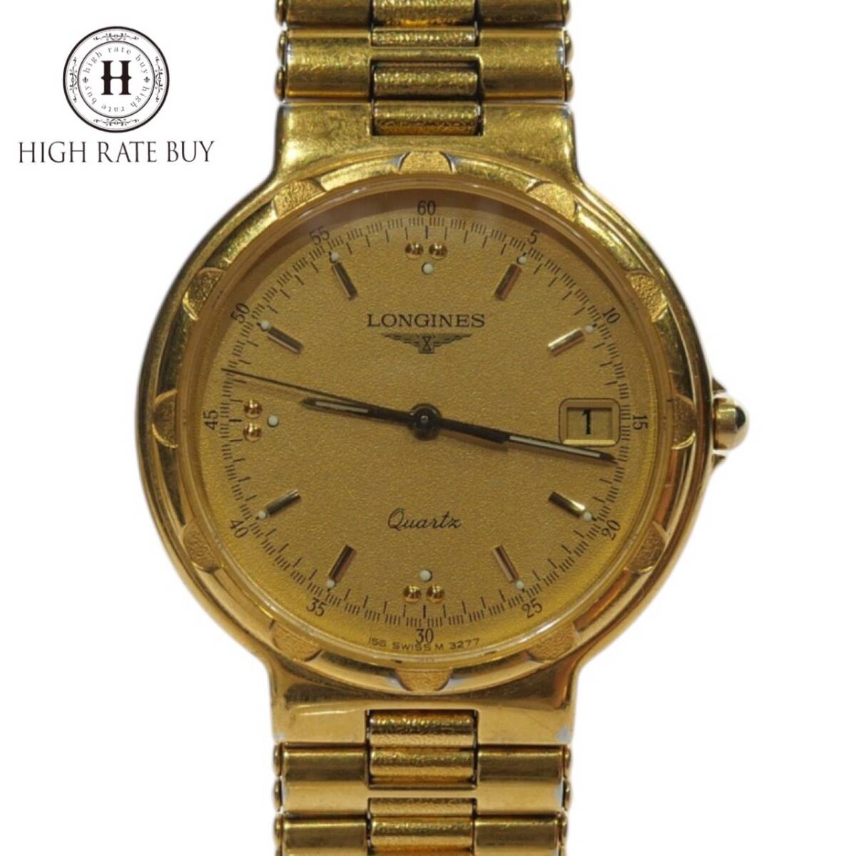 1円スタート 稼動品 LONGINES ロンジン Conquest コンクエスト 156 SWISS 3277 クォーツ メンズ 腕時計 ゴールド文字盤 デイト ラウンド