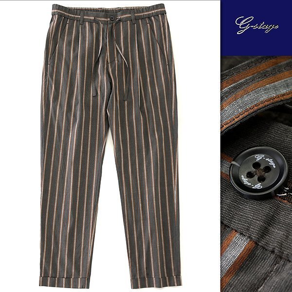 新品 ジーステージ 綿麻 ストライプ ダブルカフ イージー パンツ 50(XL) 茶 【5-40522_7_50】 春夏 コットン リネン テーパード サマー