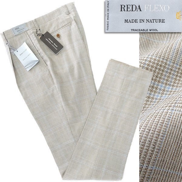 新品 ユニバーサルランゲージ 伊 REDA Super110'S ウール スラックス LL ベージュ 【P26195】 FLEXO メンズ パンツ グレンチェック