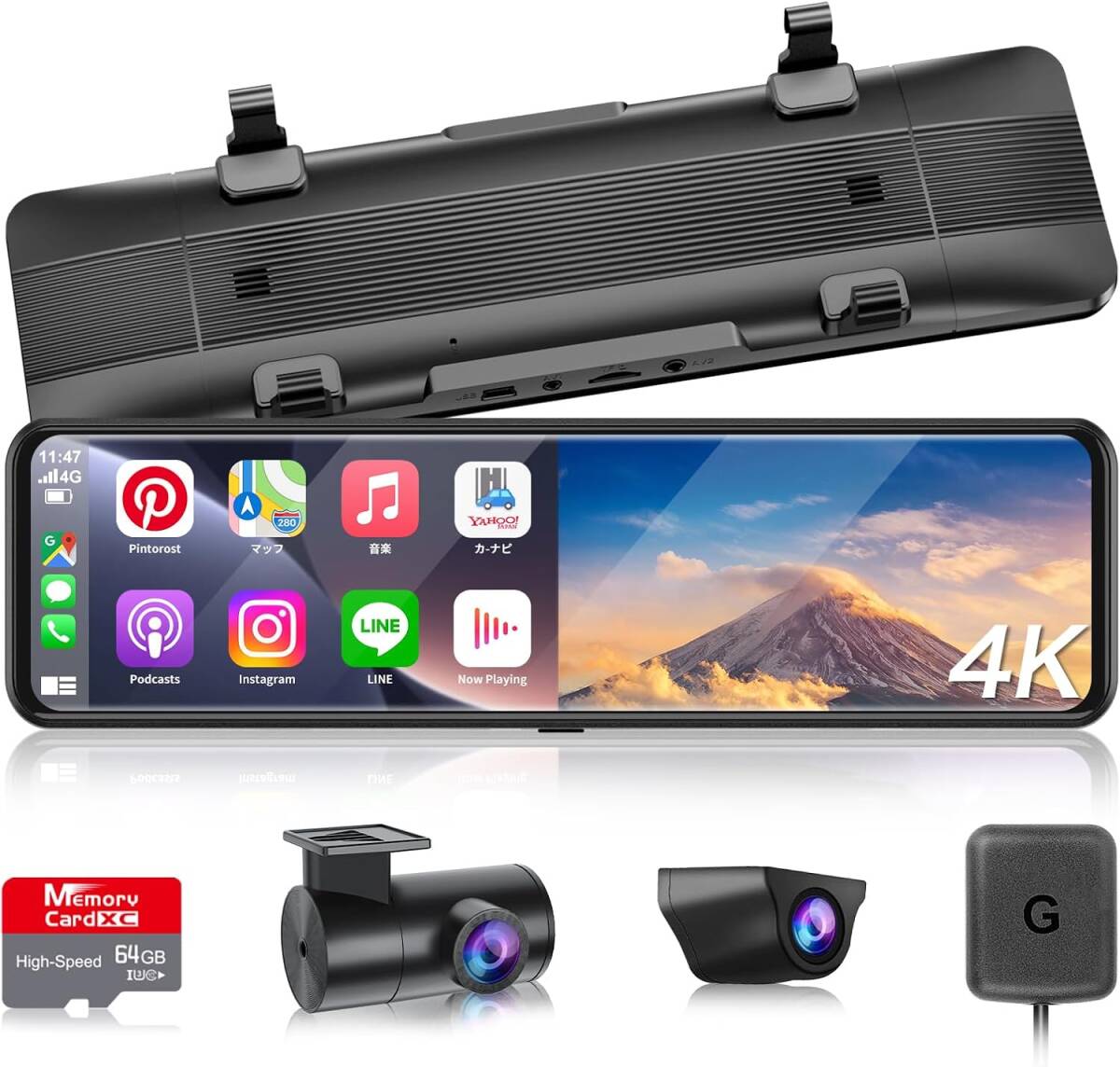 NZACE ドライブレコーダー ミラー型 分離 4K 画質 CarPlay & Android Auto 搭載 10インチ デジタルインナーミラー ドラレコ 前後2カメラ