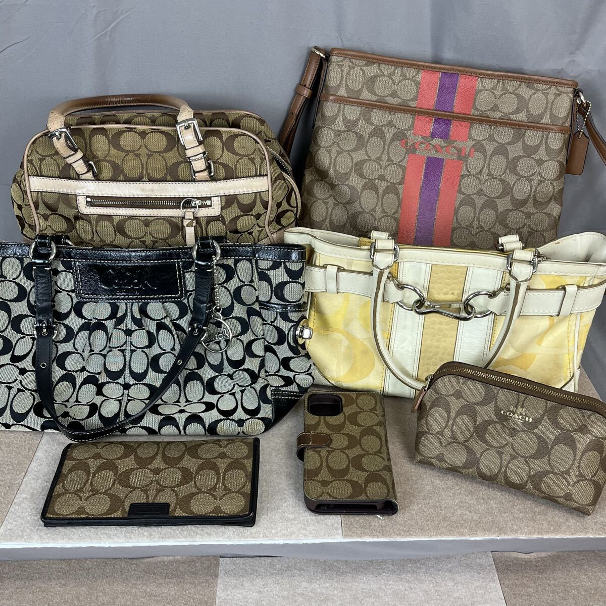Y COACH コーチ シグネチャー バッグ 小物 7点まとめ トートバッグ ショルダーバッグ ポーチ スマホケース まとめ売り 保存袋付 かわせみ