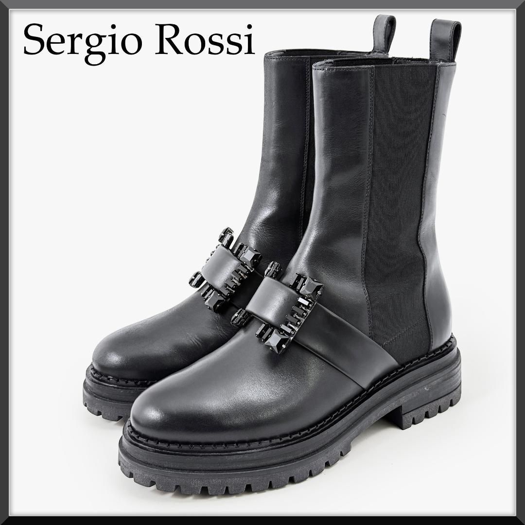 新品？ セルジオロッシ Sergio Rossi 23㎝ 36 厚底 サイドゴア ブーツ ビジューバックル クリスタル ストーン 黒 真っ黒 オールブラック