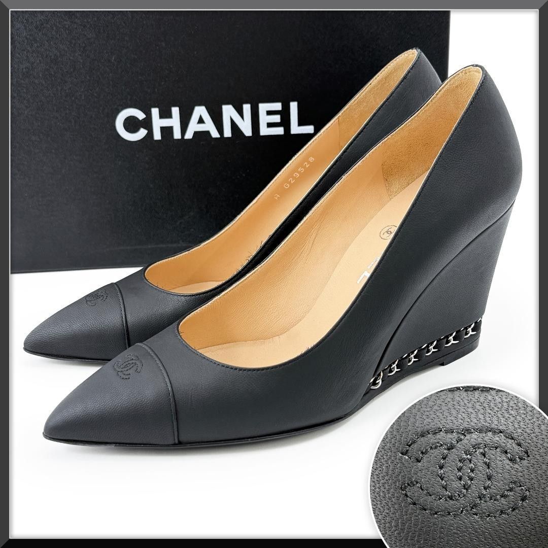 【新品】シャネル CHANEL ハイヒールパンプス ココマーク チェーン ウェッジソール 24.5cm 37.5 黒 ブラック シルバー レザー
