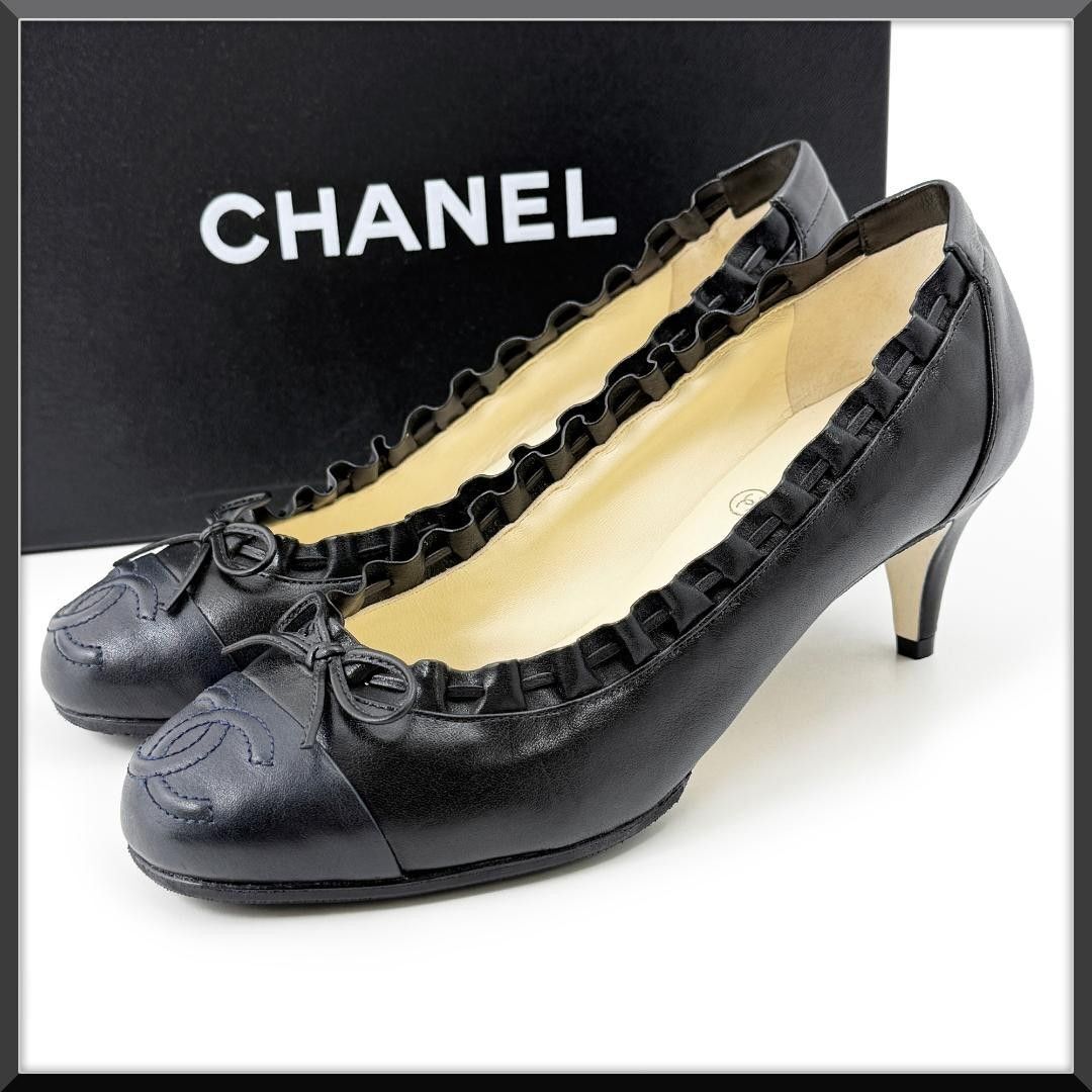 【新品】シャネル CHANEL ハイヒール パンプス ココマーク リボン フリル ギャザー 黒 ブラック ネイビー 23㎝ 36