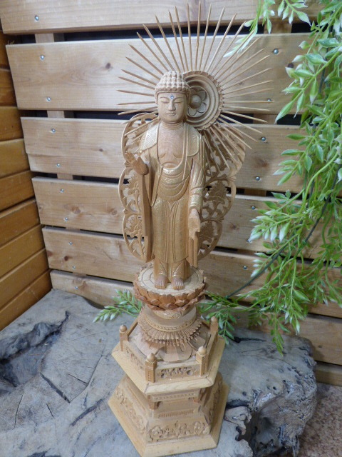 も343.阿弥陀如来像 木彫り 4.5寸 立像 光背 仏教美術 六角台座 
