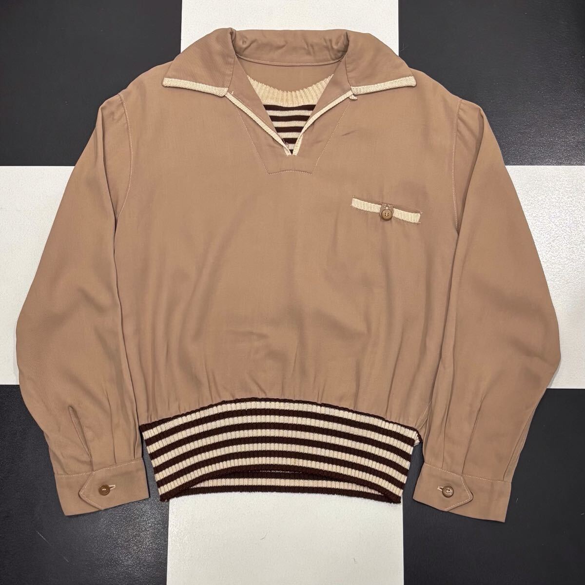 【206】 美品 50s レーヨン ギャバ リブ ボーダー プルオーバー オープンカラー シャツ vintage ビンテージ rayon shirt 切替