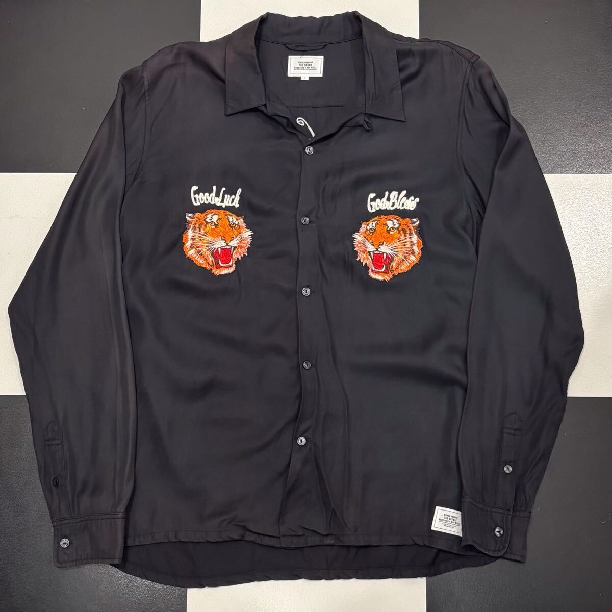 【235】 CRIMIE タイガー 虎 ロゴ 刺繍 レーヨン オープンカラー ブラック シャツ L クライミー black 黒 rayon shirt