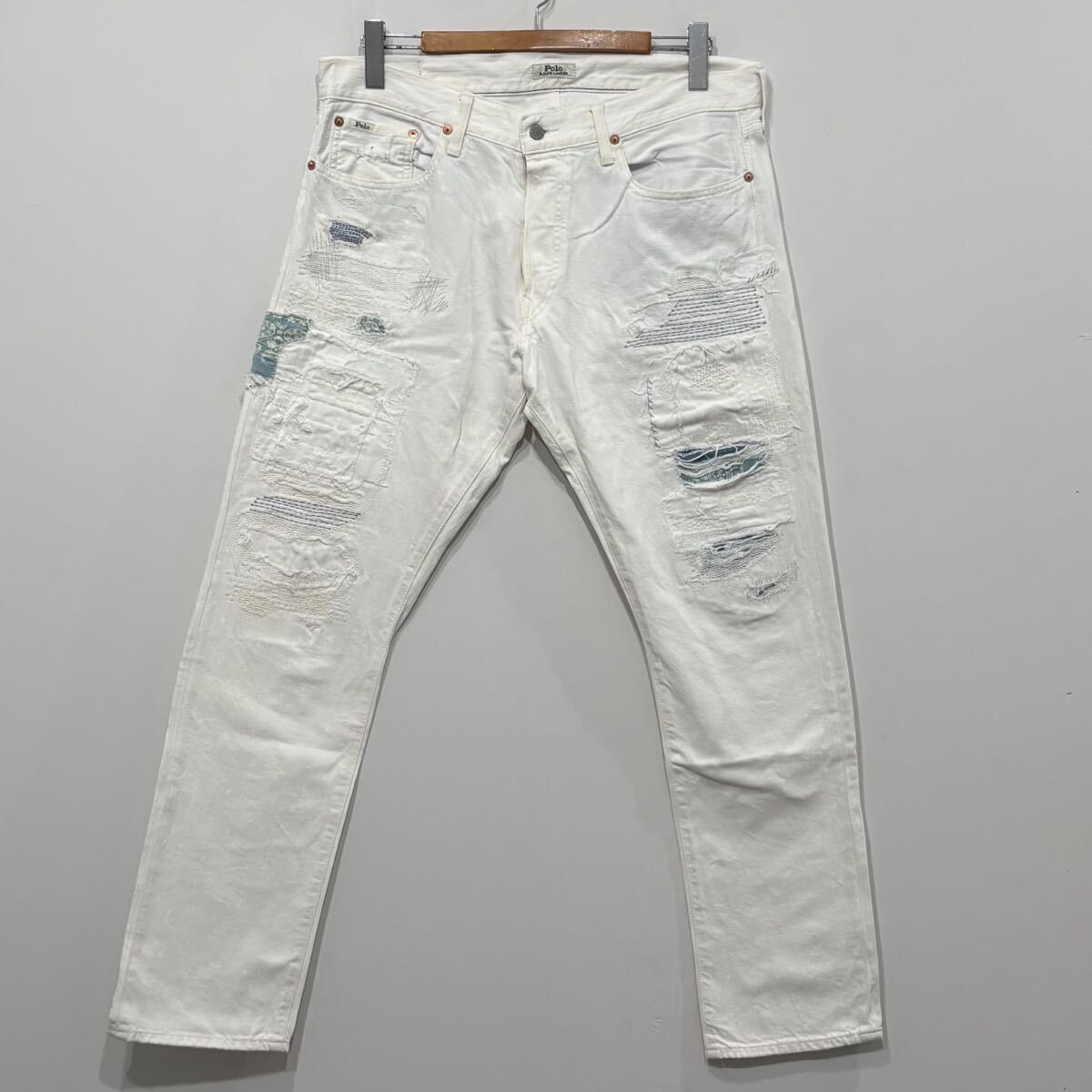 【238】 美品 ラルフローレン Sullivan スリム ディストレスト slim リペア ダメージ 加工 パッチワーク ホワイト デニム パンツ W34 ralph