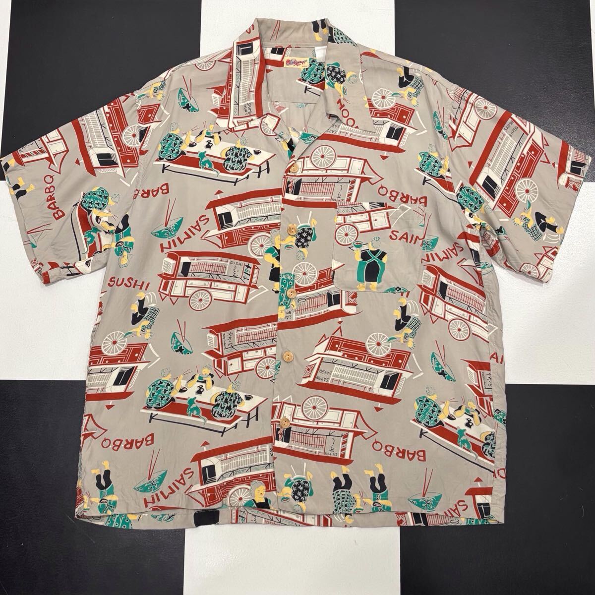 【274】 サンサーフ M品番 SUSHI うどん 屋台 日本 和柄 風景 アロハ ハワイアン シャツ レーヨン sun surf 東洋 shirt aloha グレー rayon