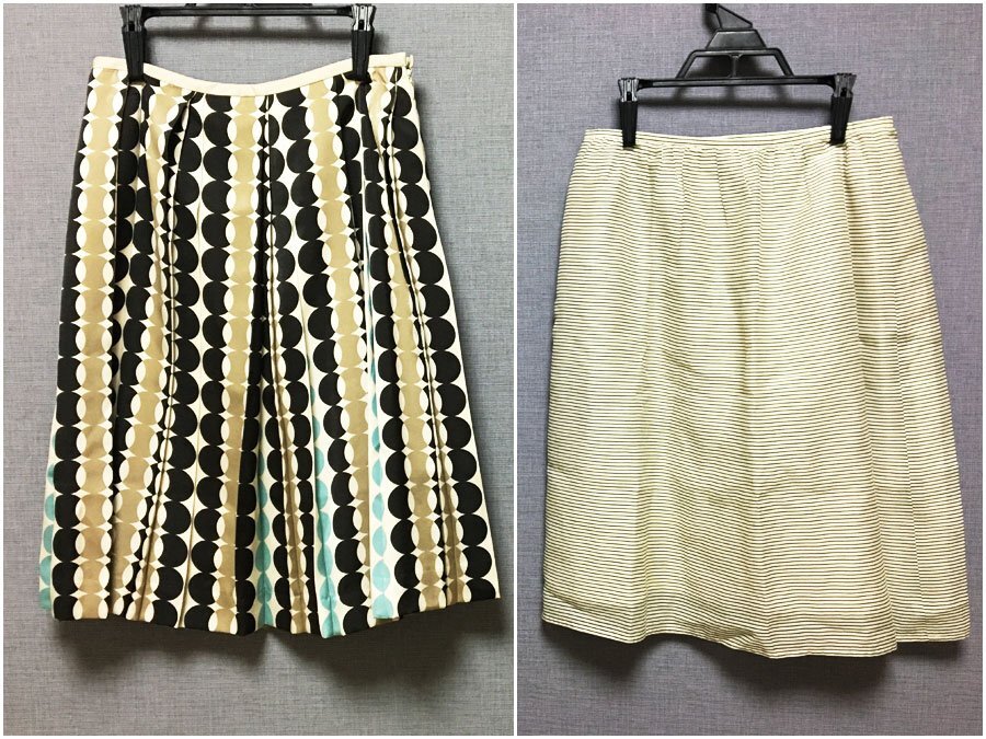 ２点おまとめ！良品！クレージュ courreges スカート 36 ベージュ プリーツ ドット柄・38 モノトーン ボーダー柄 シルク コットン