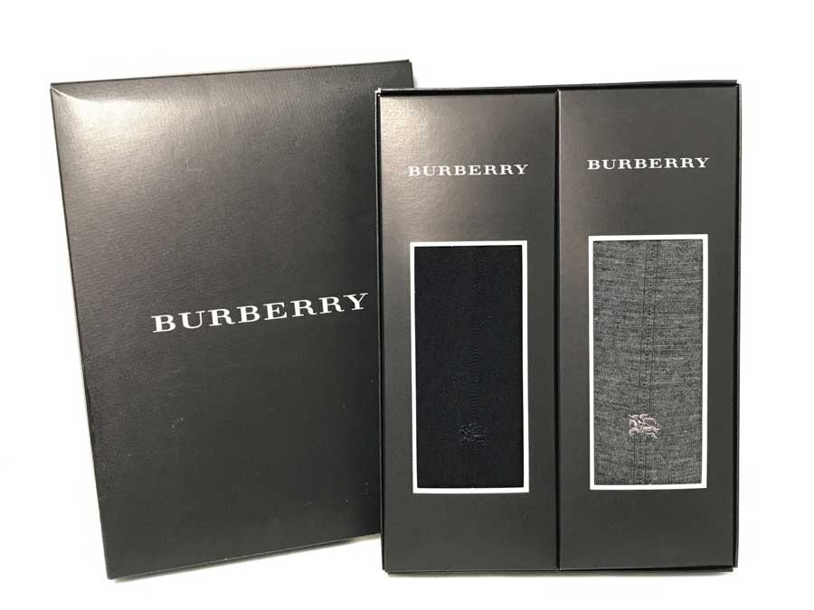 ◆未使用！BURBERRY バーバリー ソックス 2足セット 靴下 ビジネスソックス 紳士用 25～26ｃｍ グレー ネイビー 福助 メンズ 箱入り