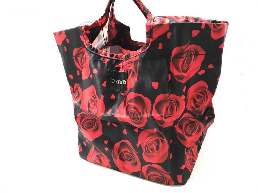 ◆未使用 美品！ダチュラ DaTuRa 折り畳み エコバッグ DTR-534 ローズ柄 バラ柄 ブラック ナイロン コンパクト マチ広 レディース タグ付き