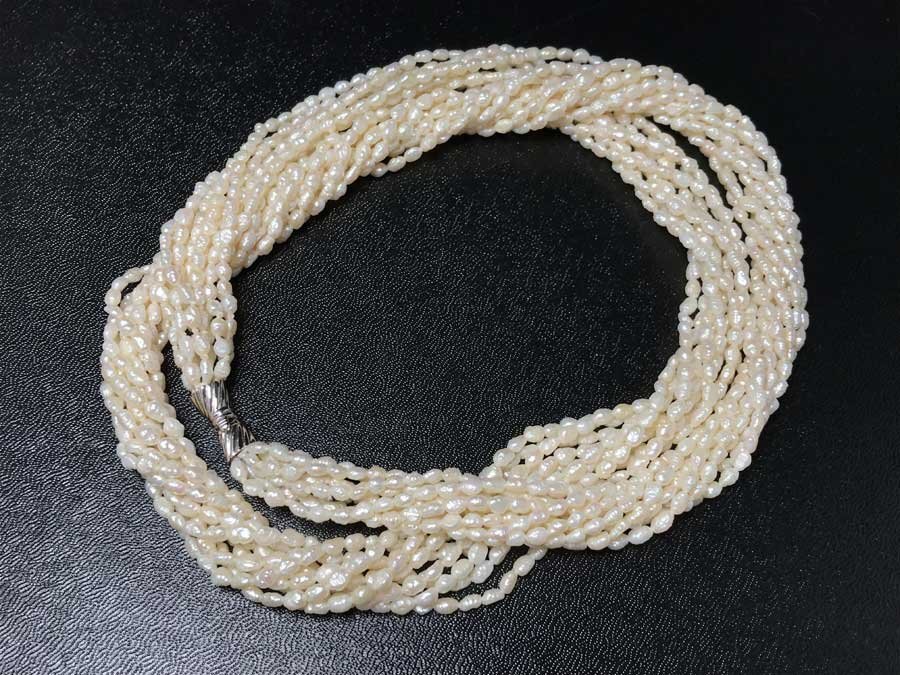 ◆本真珠 パール 9連 ロングネックレス 金具 SILVER刻印 ライス バロック ホワイト系 約3.6mm～約4.2mm 約71cm レディース アクセサリー