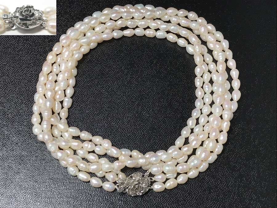 ◆本真珠 パール 3連 ロングネックレス 金具 SILVER刻印 ドロップ バロック ホワイト系 約5.9mm～約6.9mm 約60cm レディース アクセサリー