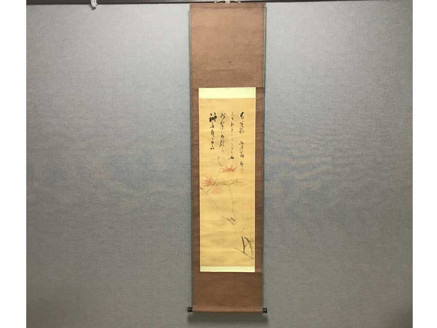 ◆掛軸 二川相近 紅葉図 約148cm×約34.8cm 書画 歌人 書家 筑前 福岡 紙本 掛け軸 茶掛 古美術 骨董品 合わせ箱付 模写 K-9