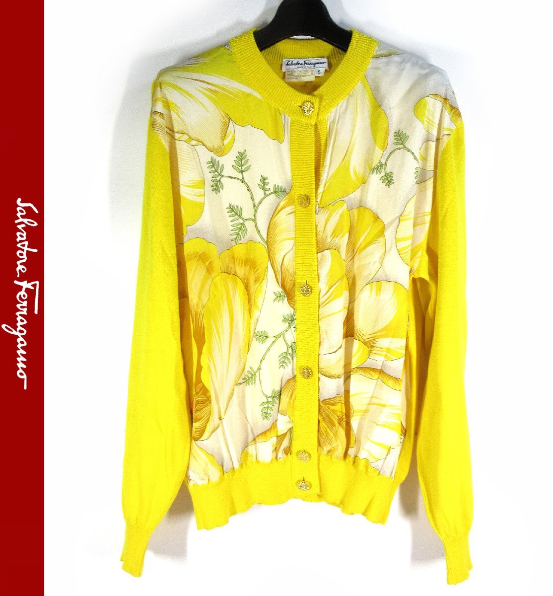 サルヴァトーレ フェラガモ シルク フラワー柄 コットン レディース ニット 長袖 カーディガン イエロー Sサイズ イタリア製