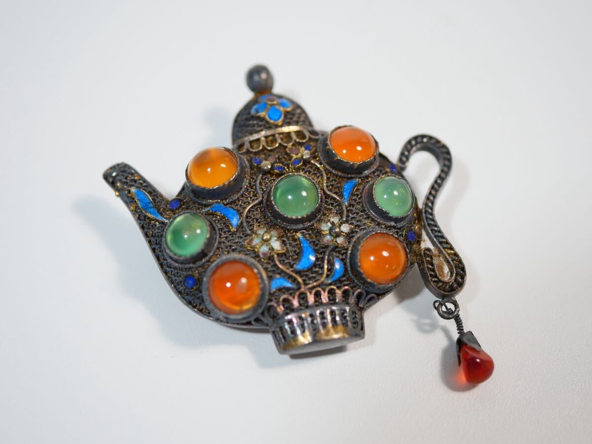 【41-1イ】SINER 銀細工 カラーストーン付き 七宝 エナメル ヴィンテージ ビンテージ ブローチ アクセサリー シルバー