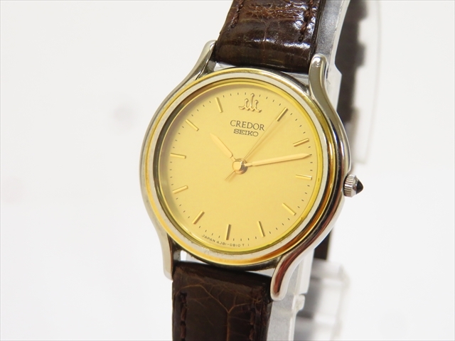 ◇【美品】SEIKO セイコー CREDOR クレドール 4J81-0A60 3針 ラウンド ゴールド文字盤 18KT刻印 クォーツ レディース 保証書 箱付 稼働品◇