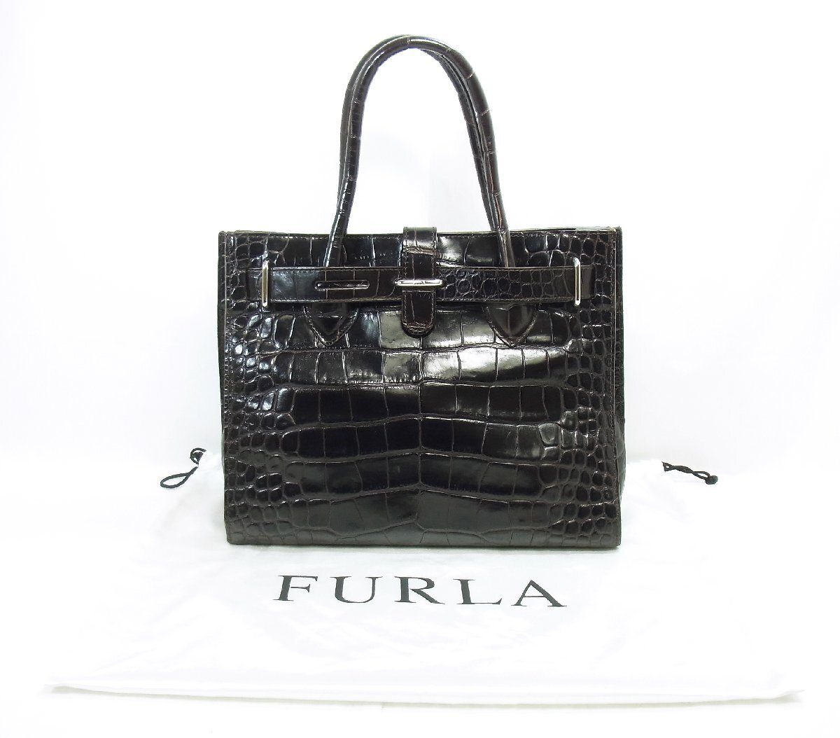 FURLA フルラ ハンドバッグ レザー クロコ型押し ブラウン トートバッグ