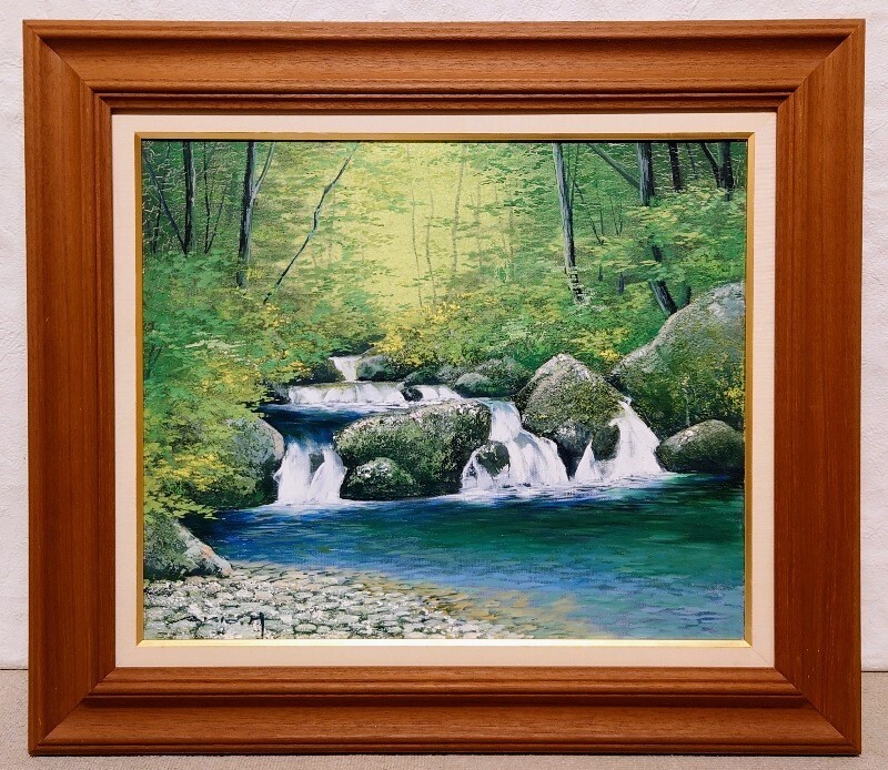 真作保証 原田彰夫「新緑」油彩 8号 リアリズム 一枚の繪取扱作 ル・サロン推薦会員 個展多数人開催 ※渓流 奥入瀬