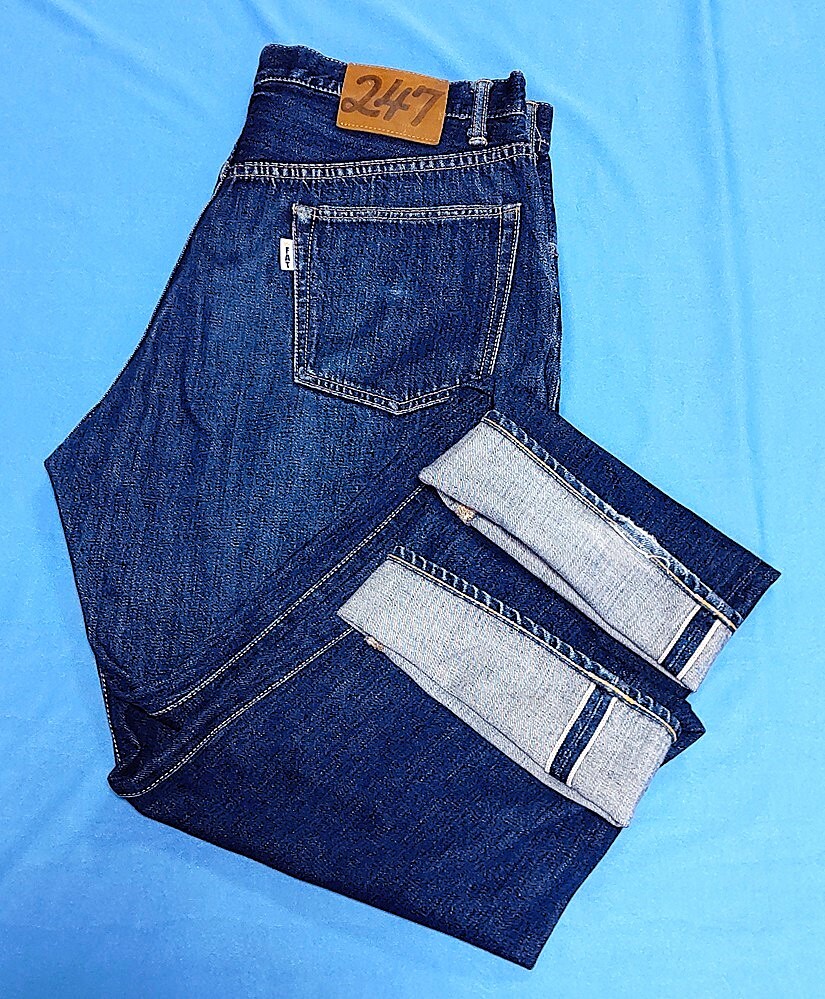 TF43/日本製　FAT　247　デニムパンツ　赤耳セルビッチ　ワイドシルエットパンツ　濃紺　サイズ：SKINNY（L相当）