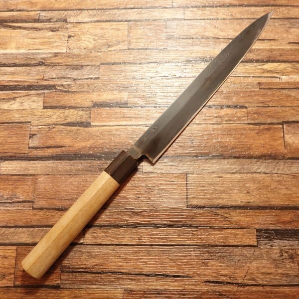 文次 柳刃包丁 研ぎ済 黒錆仕上げ 水牛柄 刺身包丁 特製 使用感少 240mm